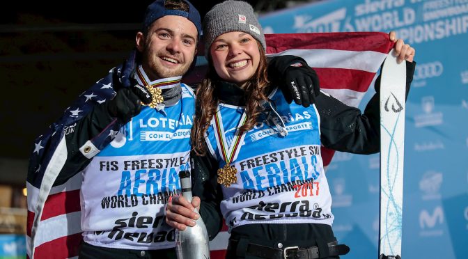 Ashley Caldwell and Jon Lillis celebrate gold in Sierra Nevada. (photo: Sierra Nevada - Pepe Marin)