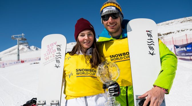 Bulgaria's Radoslav Yankov poses with Russia's Alena Zavarzina and her overall World Cup Crystal Globe in Kayseri, Turkey on Sunday. (photo: Miha Matavz/FIS)