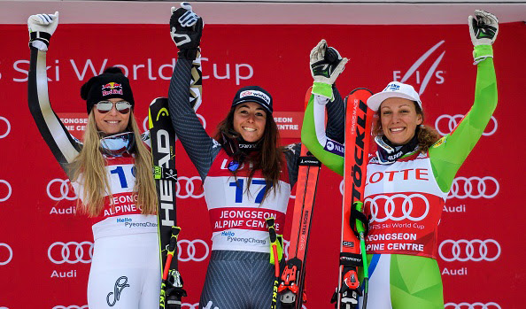 Just like in Saturday's downhill, Lindsey Vonn (left), Italy's Sofia Goggia and Slovenia's Ilka Stuhec once again share the podium at the Audi FIS Ski World Cup on Sunday. (photo: Getty Images/AFP-Fabrice Coffrini via USSA)