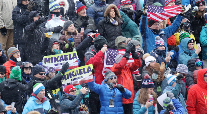 Fans cheer on U.S.A.’s Mikaela Shiffrin during second run of the women’s Audi FIS Ski World Cup slalom race at Killington in Vermont on Sunday, November 26, 2017. (FTO file photo: Martin Griff)