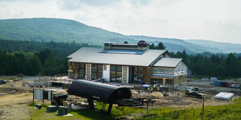 Mount Snow's new Carinthia base lodge under construction this summer. (photo: Ski Vermont)